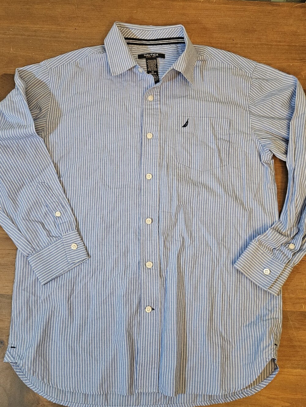 Nautica Boys Blue White Stripe Dress Button Up Down Long Sleeve Shirt Size 14